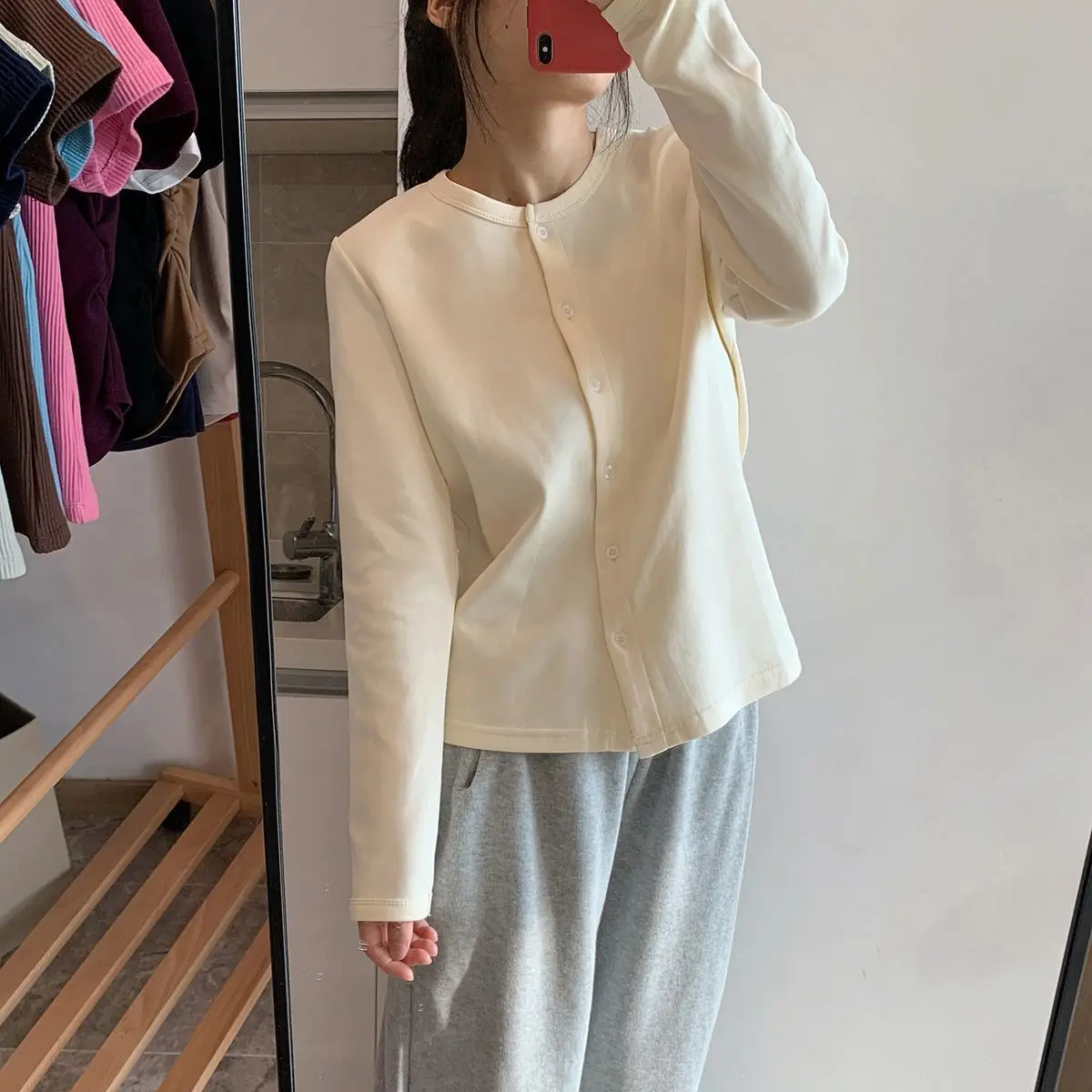 Slimming round Neck Single Button Small Open Cardigan T-Shirt Women's Autumn New Style Versatile Top Coat Trendy Female Outer...
