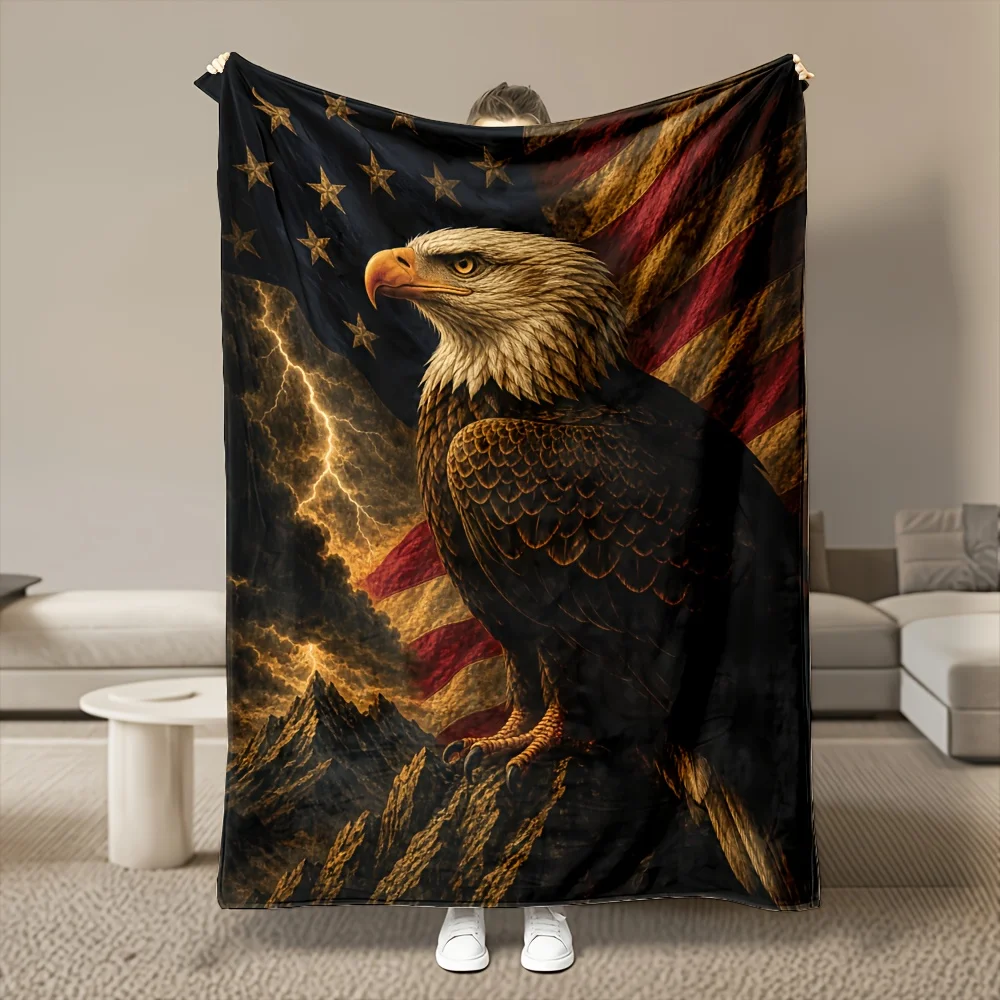 2D Flat Print, 1pc of Bold and Cool-style Throw Blanket/blanket, Featuring an Eagle, Mountains, Lightning, and Flag Print Patter