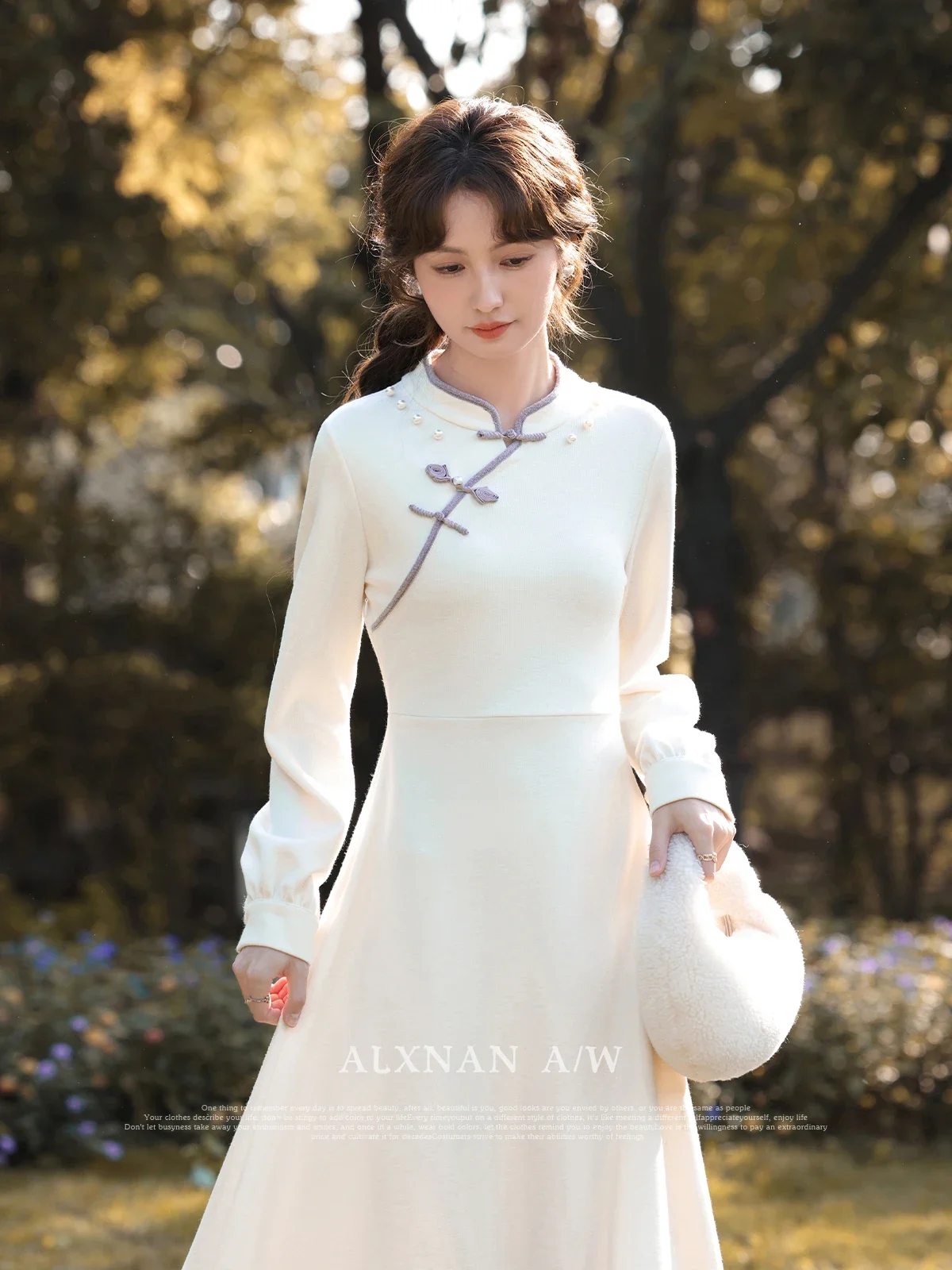 

ALXNAN New Chinese Style Apricot A-line Dress Woman 2024 Autumn Winter Stand Collar Elegant Long Sleeve Midi Dresses L330168