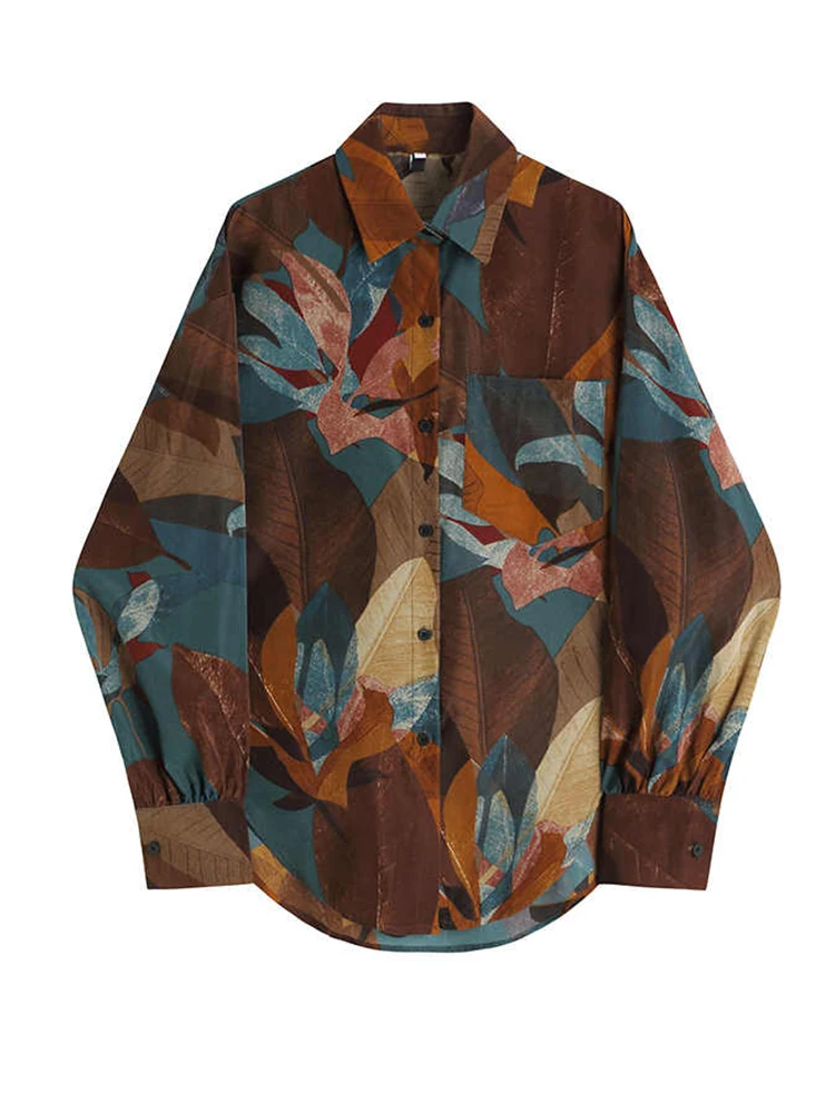 

Retro Hong Kong style contrasting loose long sleeved shirt for women's spring and autumn new casual top design sense floral shir