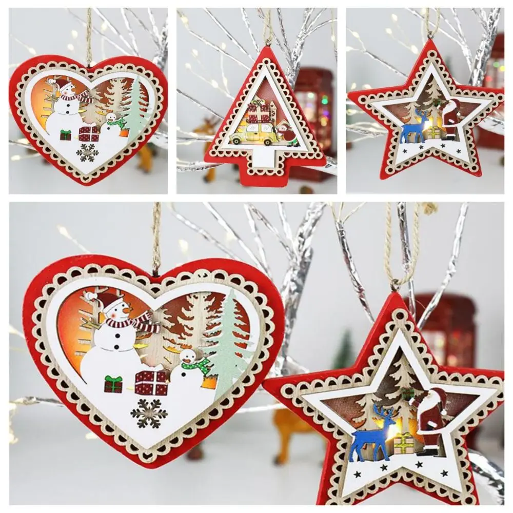 

Hanging Hole Design Christmas Wooden Glowing Pendants Wooden Crafts Glowing Luminous Wooden Pendants Snowman Pentagram Elk