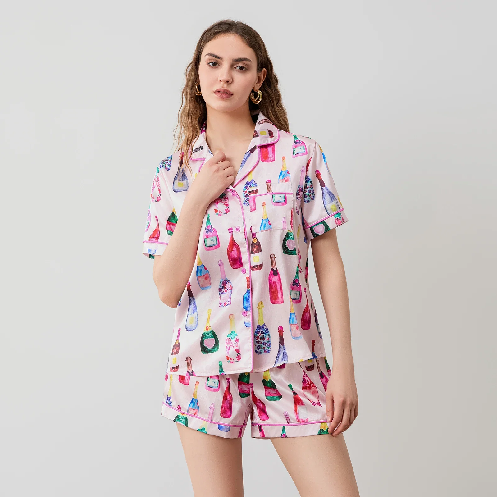 HEZIOWYUN-Conjunto de pijama de 2 piezas para mujer, ropa de estar por casa de manga corta con estampado de champán, camisa de solapa con botones y pantalones cortos sueltos