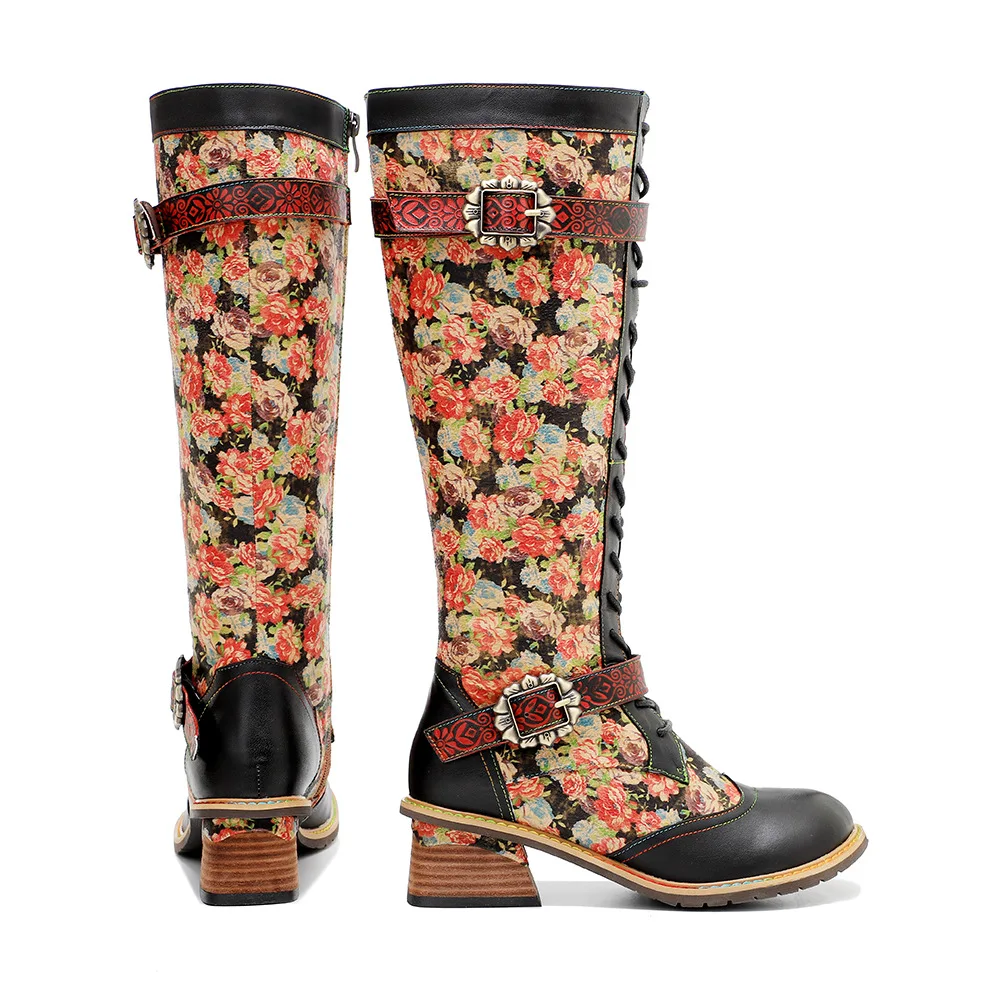 Handpainted Genuine Leather Women Long Boots 2024 Winter New Retro Korean Style Floral Lace Up Belt Buckle Mid-calf Boots