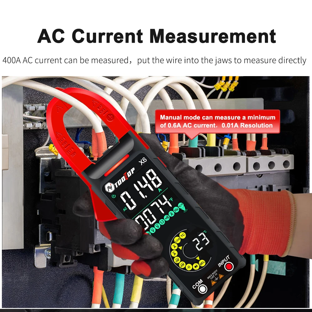 TOOLTOP X6 inteligentny cyfrowy miernik cęgowy AC DC pomiar prądu 6000 zliczeń multimetr 400A amperomierz woltomierz Hz pojemność NCV Ohm