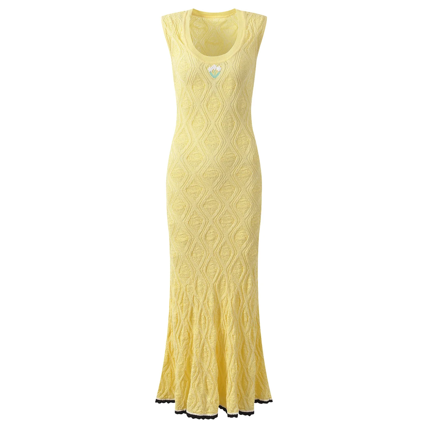LEOSOXS Women's Yellow Sleeveless Knit Maxi Dress Diamond Pattern Embroidered Fishtail Hem Casual Party Dress 2025
