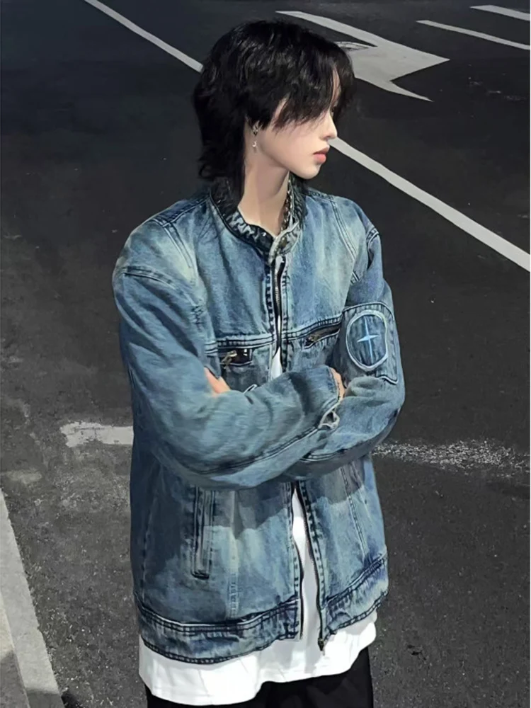 

American Sle ort Zipper Stand Collar Blue Denim Jaet Men's High Quali Spring Autumn Cleanfit Jeans Jaet Youthful En...