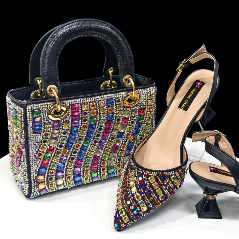 

Women's Bag Pointed Toe Low Heel Sandals Set with Square Handbag Wave-shaped Full Rhinestones