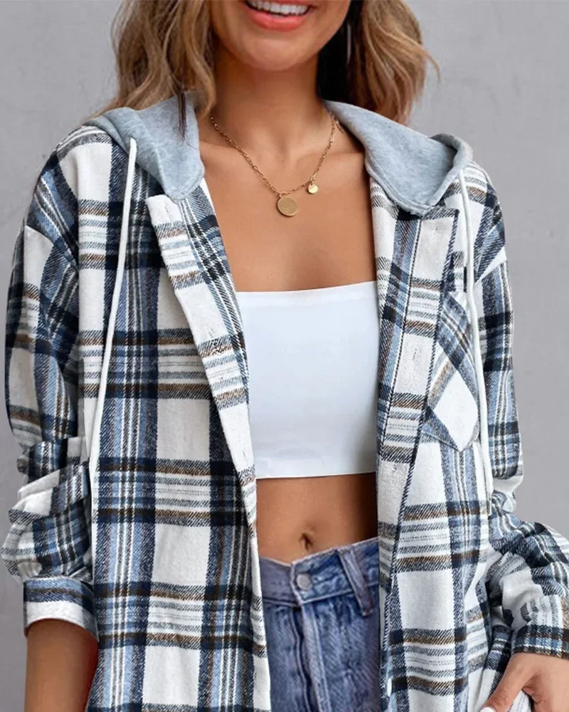 New Independent Design Retro Joker Hood Stitching Plaid Print Top Fashion Women's Pocket Loose Street Leisure.