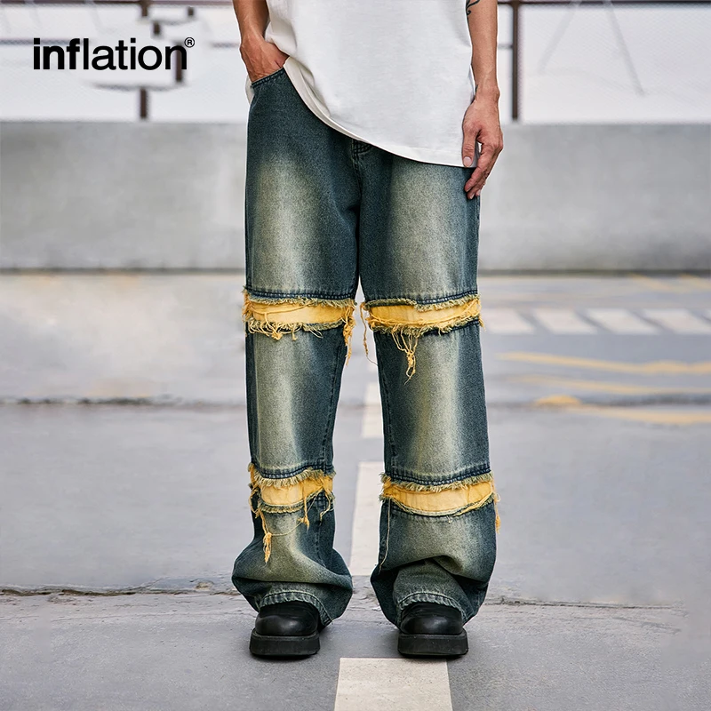 INFLATION Washed Distressed Fringe Jeans Men Straight Leg Ripped Denim Trousers