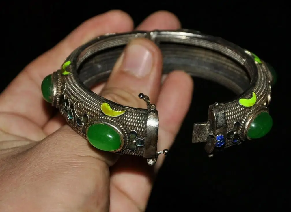 Chinese dynasty palace silver Cloisonne inlay Green Jade Gem Bracelet hand chain