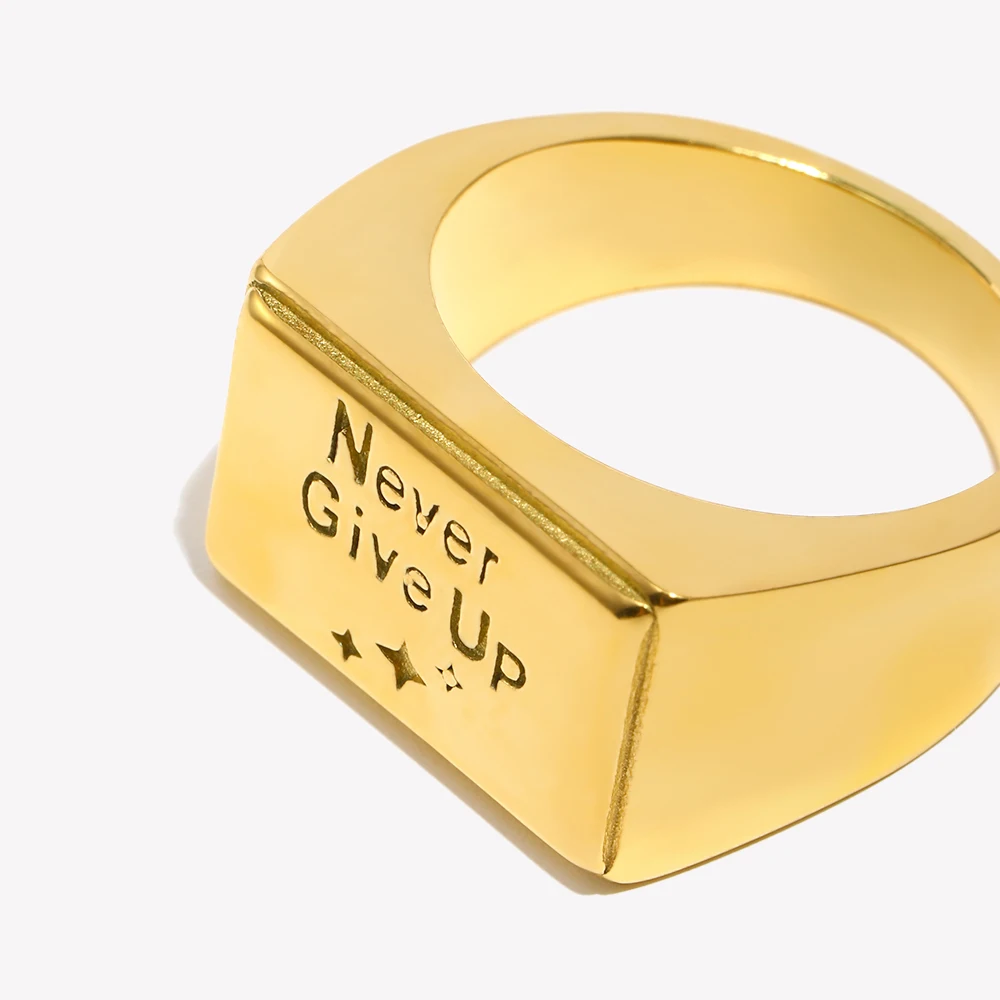 E.B.belle Never Give UP Gold Color Ring Stainless Steel 18K Gold Ring Square Ring Waterproof For Women Girls Hypoallergenic