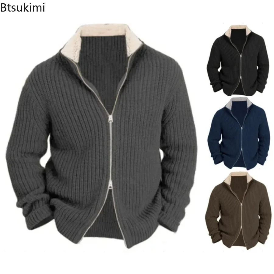 New 2024 Men's Thicken Warm Knitted Sweater Coats Double Head Zipper Loose Casual Lapel Knit Cardigan Autumn Winter Men Sweaters