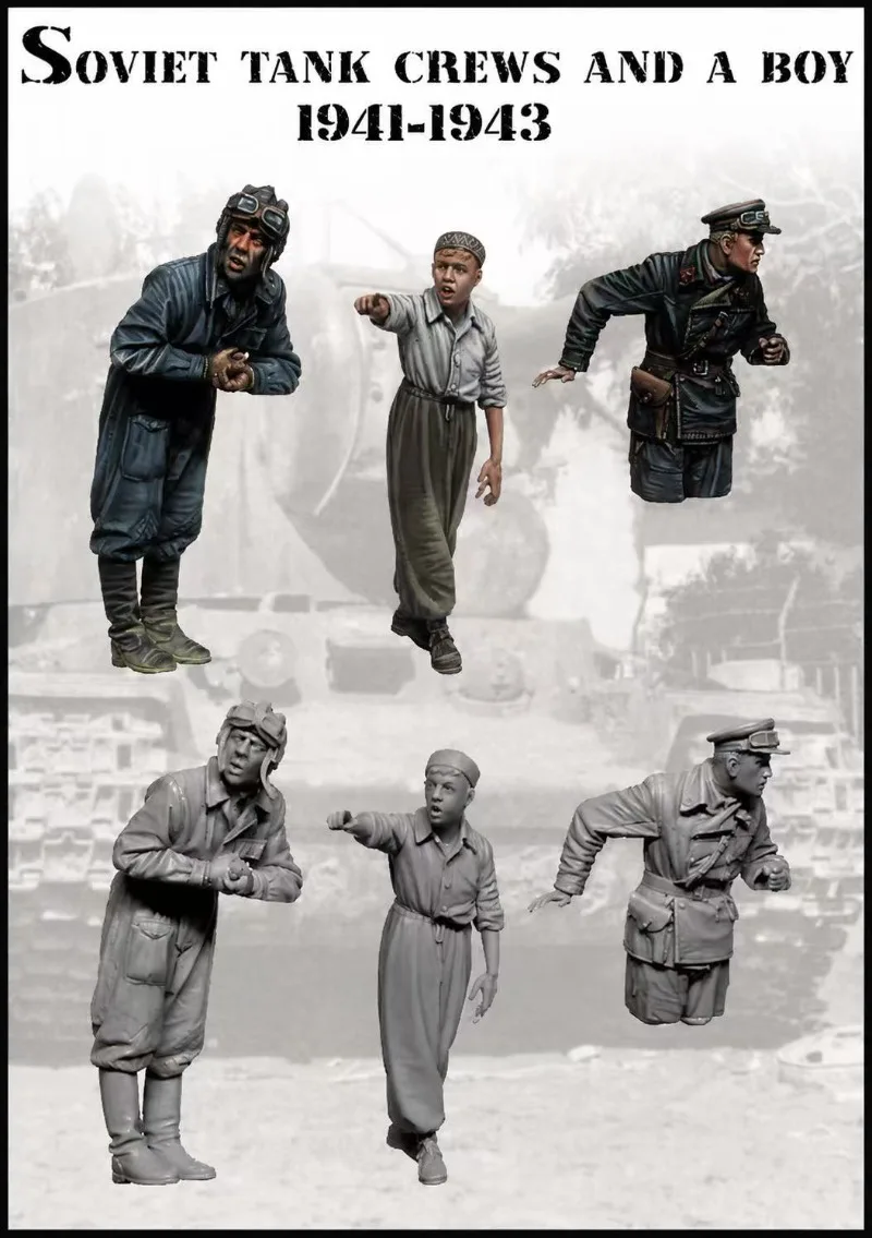 Image of Harzfigur im Maßstab 1:35, zusammengebauter Modellbausatz, russische Panzersoldaten mit Jungen, Hobby-Miniatur, unmontiert und unbemalt