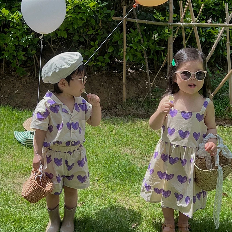 Casual Tops Pants Summer Boys Shorts 2PCS Suit Sets Children Thin Girls Dresses Purple Love Cousin Sister Clothes Spring Outfits