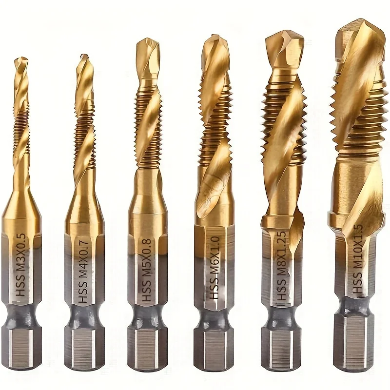 12pcsTitanium Coated HSSTap Drill Bits Set Hex Shank Screw Thread Bit Screw Machine Compound Tapfor Precise Drilling and Tapping