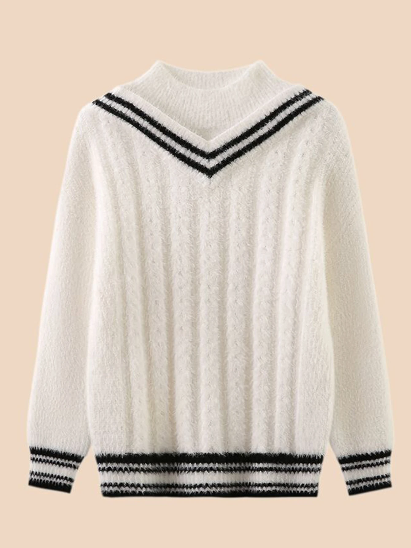 Girls' Fake Two-Piece V-Neck Knit Sweater, Cable Knit Pullover, Preppy Style Striped Trim Warm Toddler Knit Top