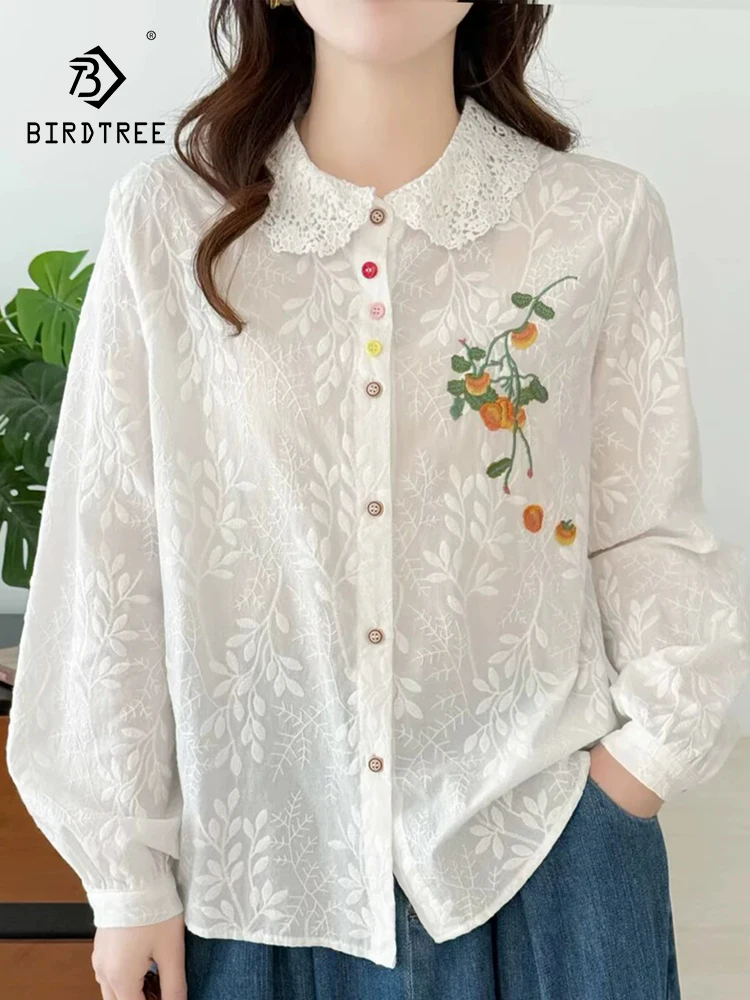 

Новая женская хлопковая блузка с длинным рукавом Весна 2026, с рюшами и вышивкой, в стиле Mori Girl, французский преппи-стиль, свободная, для повседневной носки T63982CC