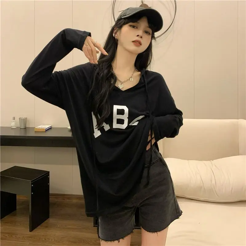 Hooded Thin Long Sleeve Tops Tees Summer New Printing Letter Solid Color Loose Trend Casual T Shirts Fashion Sweet Women Clothes