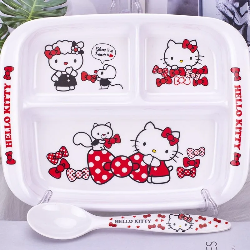 

Kawaii Hello Kitty Separate Plate Spoon Two-piece Set Anime Cinnamoroll Cute Children Have A Meal Cartoon Plate Wholesale New