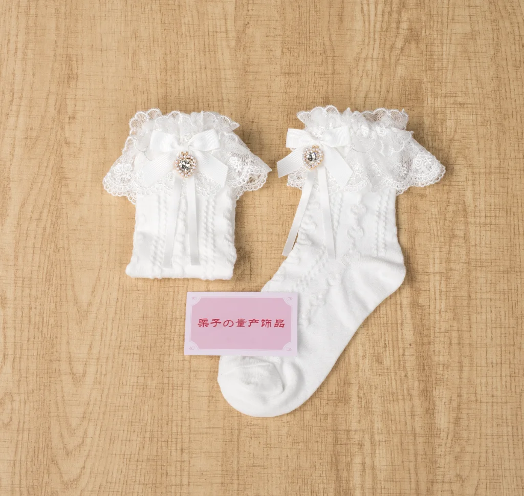Japanese Double-layer Rose Lace Ribbon Bow Girls' Short Cotton Socks Sweet and Cute Rhinestone Love Bud Socks for Women