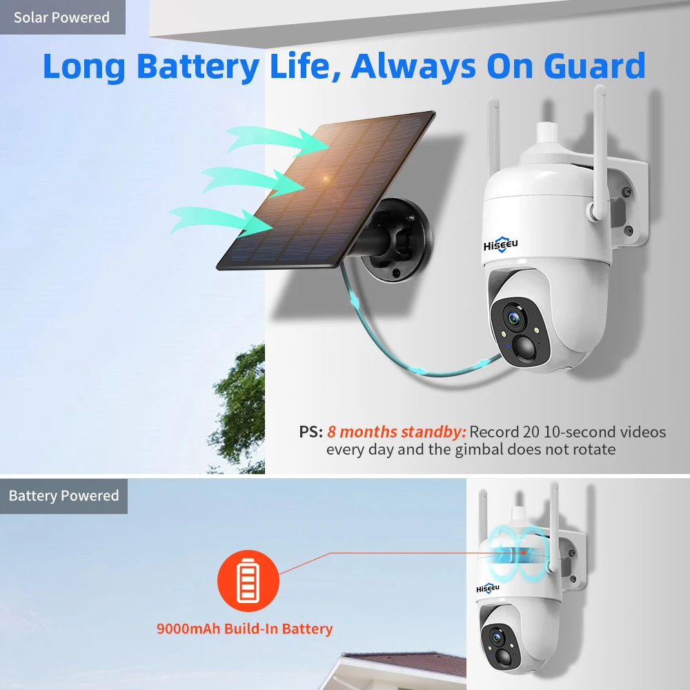 Hiseeu Solar Powered Wifi Security Battery Camera PTZ Wireless Outdoor 1080P With Solar Panel Memory Card H.265 5V DC 7 Meters