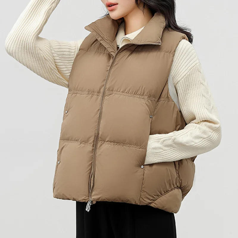 Autumn Winter Women Down Jacket Sleeveless Cardigan Vest White Duck Down Warm Puffer Jacket Chic Design Short Tops Zipper Pocket