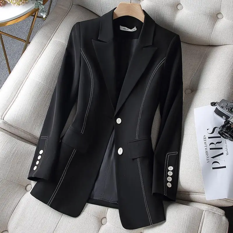 Black Blazers Women\'s Professional Suit Western-style OL Suits Top Exposed Line Decoration Temperament Slim Fit Line Jacket