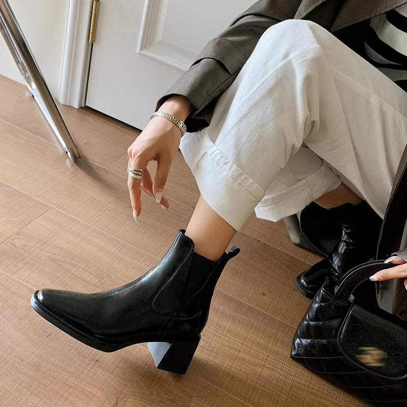 JOZHAMTA Size 34-39 Women Chelsea Boots Genuine Leather Thick High Heels Shoes Fall Winter Short Booties 2025 Ins Elastic Band