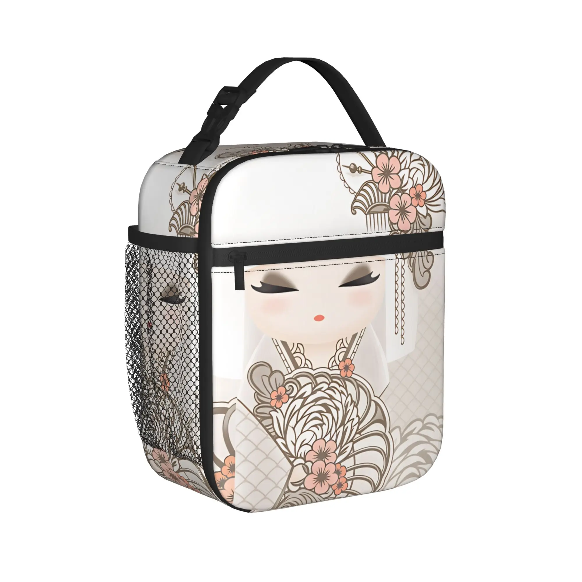 Japanese Girl Sakura Kokeshi Doll Lunch Bag  Picnic Lunch Box For Unisex Design Thermal Lunch Bags Oxford Portable Cooler Bag
