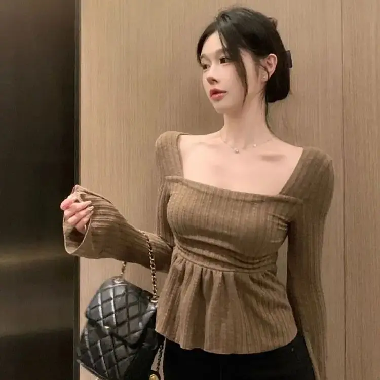 T-Shirt Square Collar Flared Sleeve Sweater Women Autumn New Pleats Retro Joker Korean Style Short Slim Top