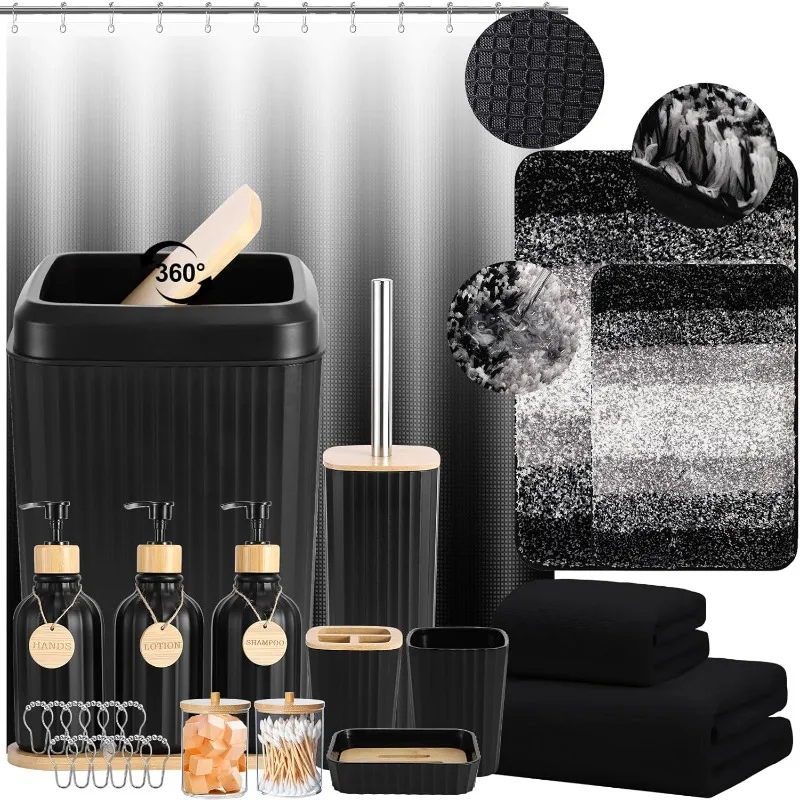 

34PCS Bathroom Accessories Set with Shower Curtain,Rugs,Bath Towel,Trash Can,3PCS Lotion Soap Dispenser,Toothbrush Holder,Soap D