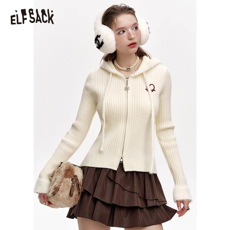 

ELFSACK 2024 Winter New Arrivals Basic White Hooded Knit Cardigan Women with Zipper Embroidery