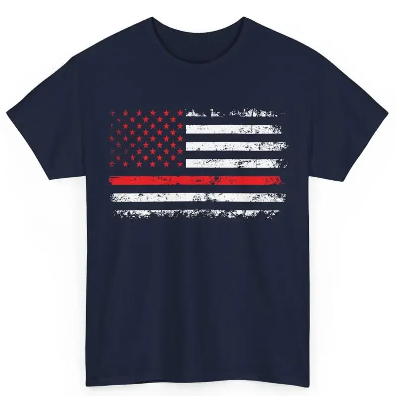 Firefighter American Flag Thin Red Line For Husband Father Cotton T Shirt