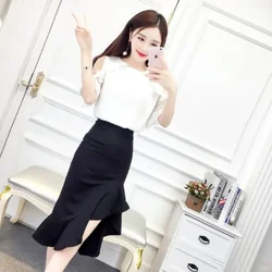 Solid Color Woman Outfit Midi 2 Pieces Sets for Women Ruffles Commuting Party Short Sleeve Skirt Mature Summer Clothes 2024 Full