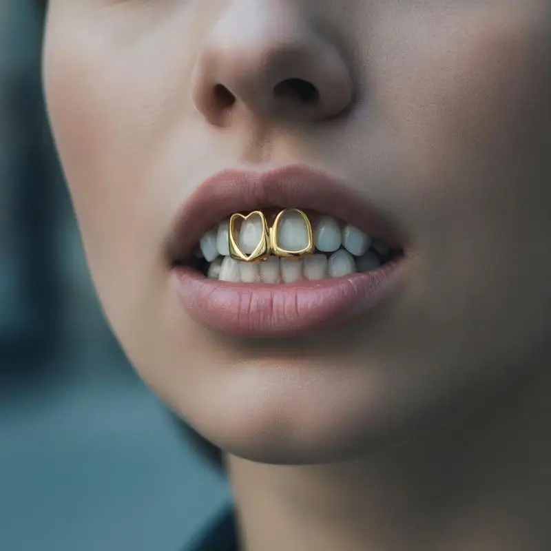 Glossy Gold Hollow Heart Hip Hop Tooth Grillz Adjustable One Size Fits Most for Women Halloween Cosplay Daily Wear