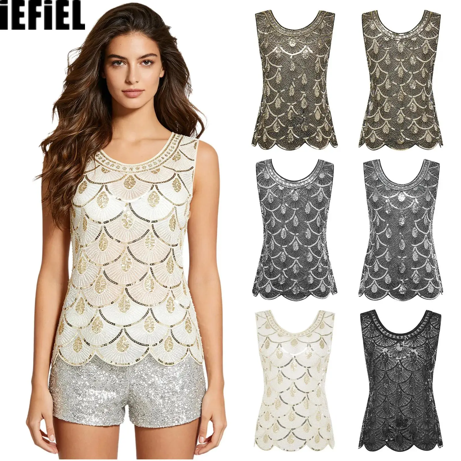 

Womens Flapper Mesh Party Vest Shiny Sequin And Plastic Beads Sleeveless Pullover Cover-up Tank Top for Vintage Cocktails