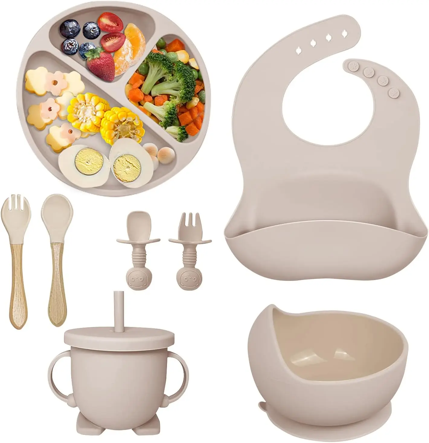 Factory Baby Silicone Product Feeding Set Silicone Baby Feeding Set Tableware including Divided Plate Cup Spoon Bib