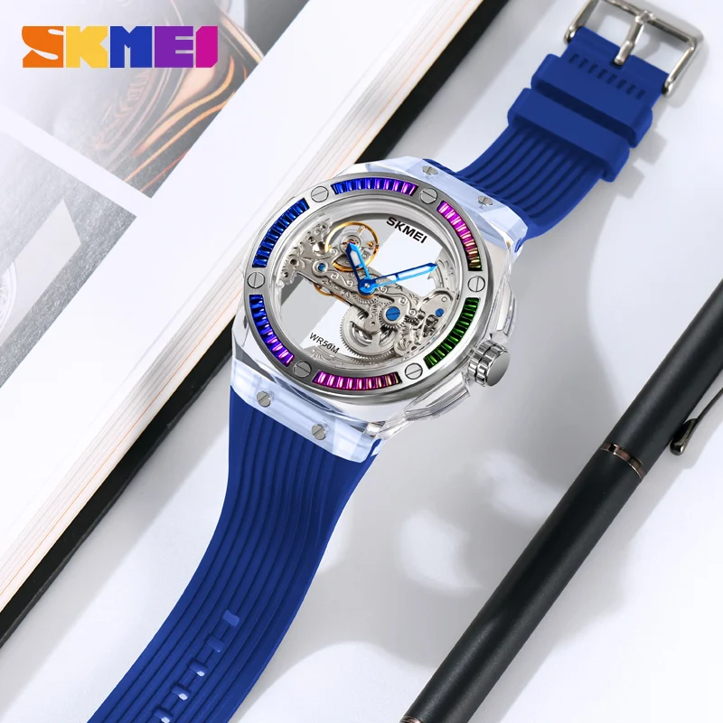 SKMEI Automatic Watch Skeleton Waterproof Wristwatch for Man Luxury Transparent Mechanical Watches Male Clock Silicone Strap