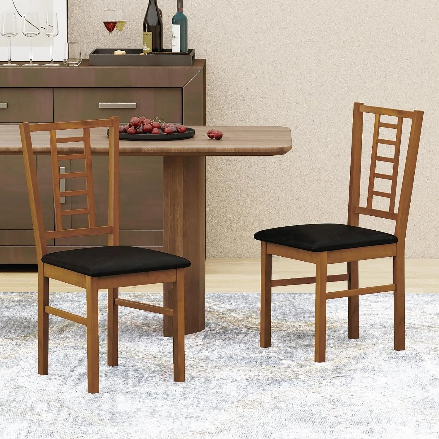 Wooden Dining Chairs Set of 2, Armless Kitchen Chairs w/Hollowed Backrest, Upholstered PU Seat, Rubber Wood Frame, Modern Dinette Furniture Set for Dining Room, Living Room, Cafe(Walnut+Black) view 2