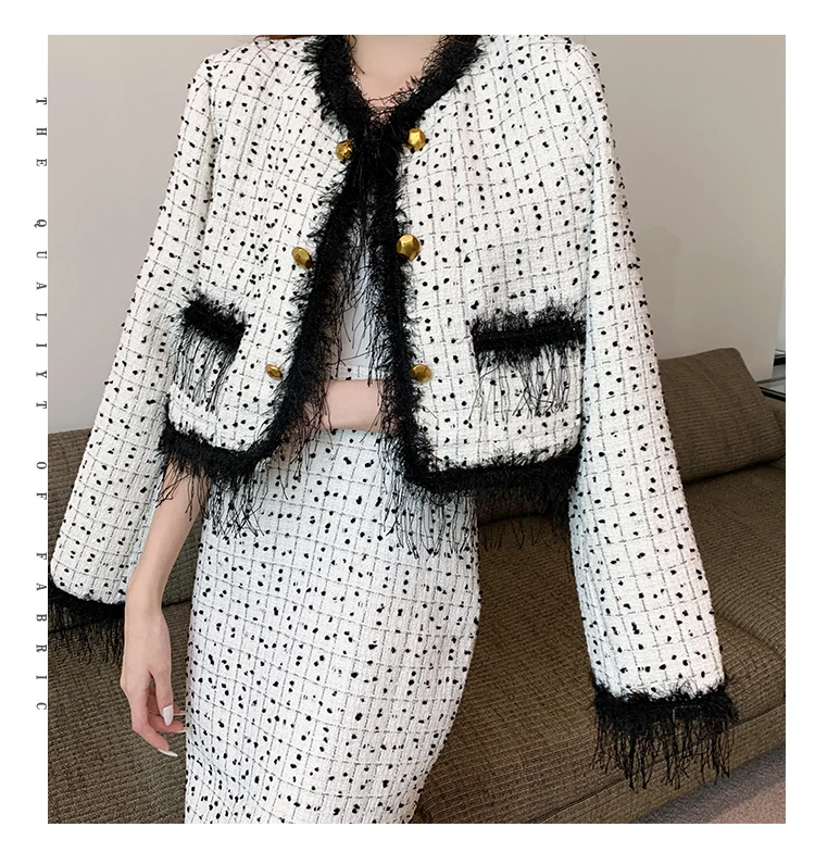 Fashion French Vintage Tweed Two Piece Sets Women Outfits High Quality  Chic Fringed Jacket Coat +Bodycon Long Skirt Skirt Suits