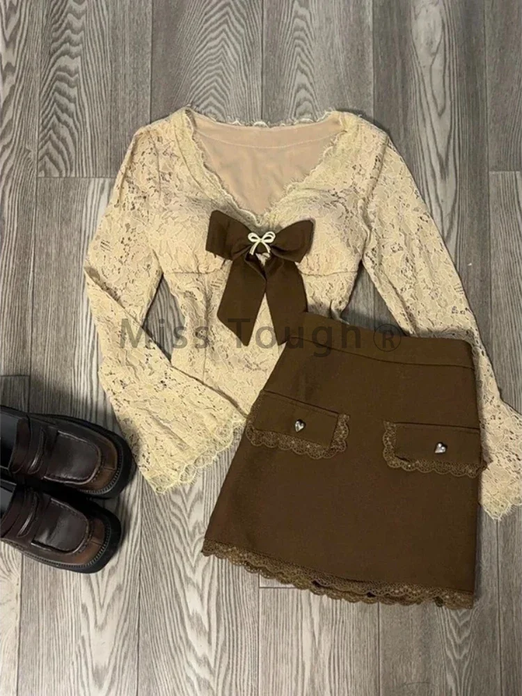 Y2k Sexy Lace New 2 Piece Set Women Korean Sweet High Street Skirts Suit Female V-neck Bow Tops + Brown Mini Skirt 2024 Winter