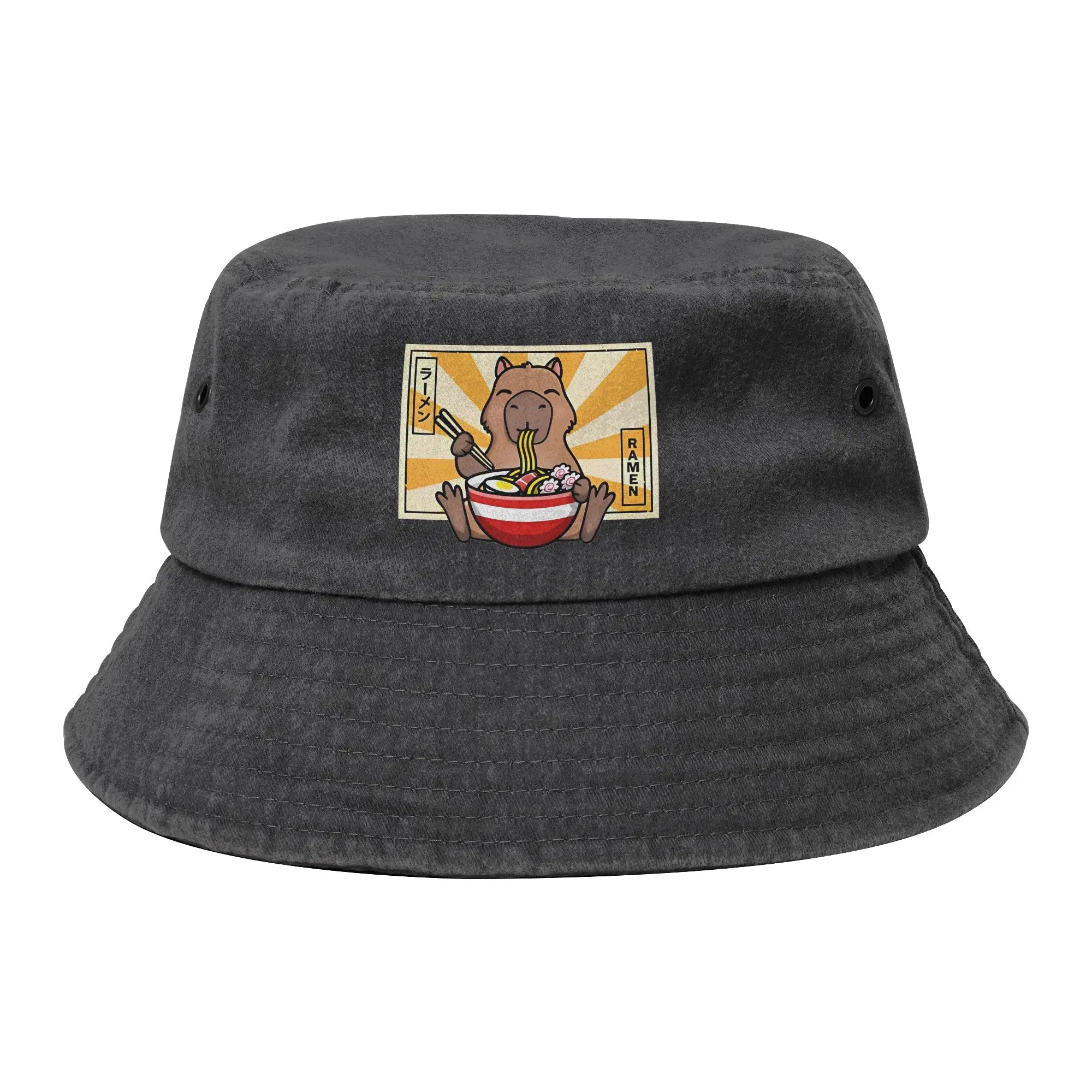 Cute Capybara Noodles Bucket Hats for Men Women Beach  Distressed Cotton Field Hat UV Protection for Sport Fishing Caps Bob Hat