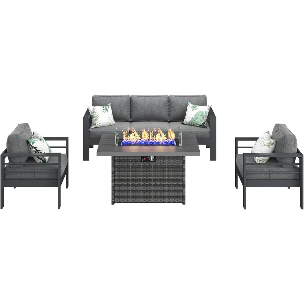 4-piece terrace segmented conversation sofa, modern aluminum seat set with heated kang table