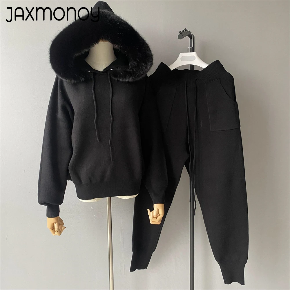 Jaxmonoy Women's Sweater with Fake Fur Collar Autumn Winter Fashion 2 Piece Set Knitwear Ladies Wool Blend Warm Pullover Female