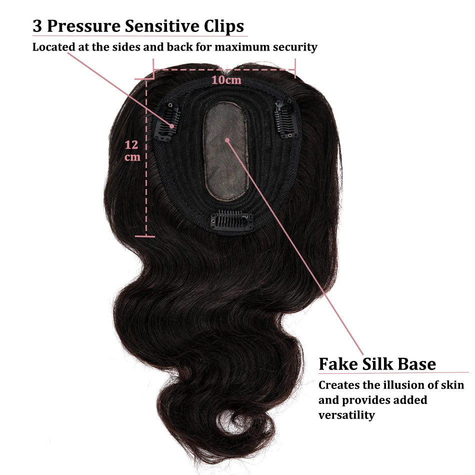 10x12cm Body Wave Human Hair Toppers with Bangs 100% Remy Human Hair for Women with Thin Hair Natural Black Hairpiece Clip Ins