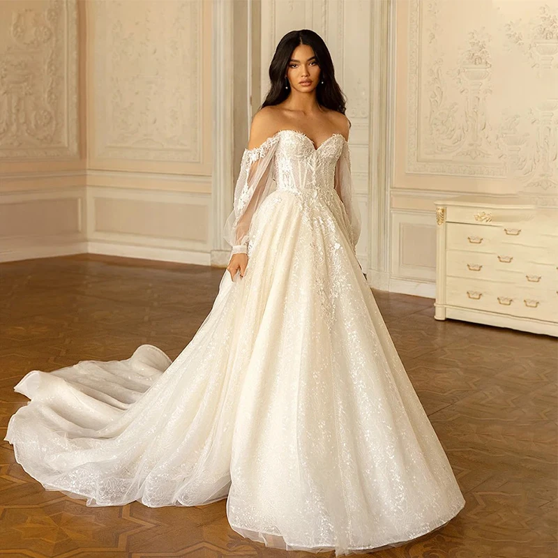 

Romantic Wedding Dress Organza With Embroidery A-Line Ball Gown Puff Sleeves Sweetheart V-Neck Customized Bride Vestido De Novia