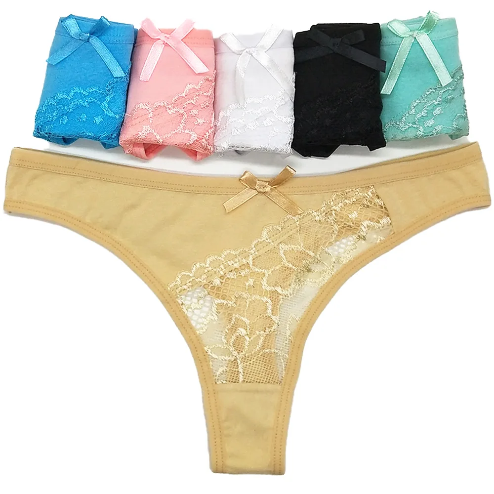 Cute Cat Print Thongs Women Sexy Lace G-String Cotton Bikini Panties Lace Underpants Briefs Set Underwear Lingerie 5 Pcs/lot