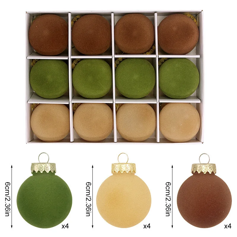 12 Stück Weihnachtskugel-Ornamente, 6 cm, Beige, Kaffee, Rot, Grün, Kugeln, Weihnachtsbaumdekoration für 2025 Navidad Noel Party-Anhänger