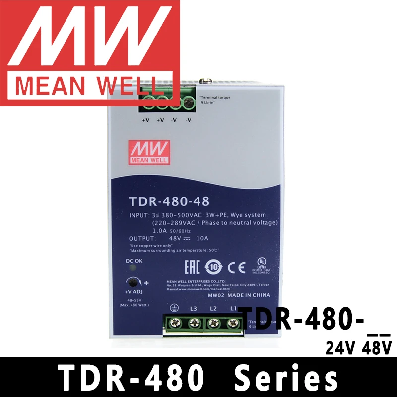 Original Mean Well TDR-480-24/48 meanwell AC/DC 24V/48V 480W Three Phase Industrial DIN RAIL with PFC Function Power Supply