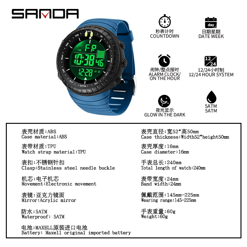 SANDA New Fashion Sports Men\'s Electronic Watch LED Alarm Clock Multi functional Night Light Waterproof Men\'s Watch Reloj Hombre